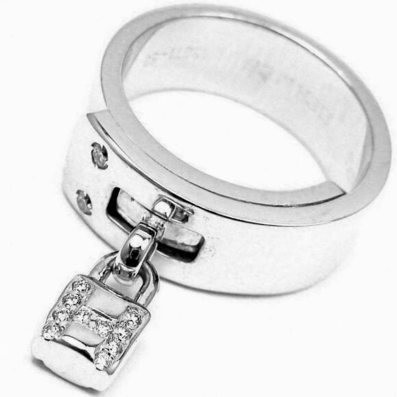 Rare! Authentic Hermes 18k White Gold "H" Lock Band Diamond Ring​ - Picture 1 of 5